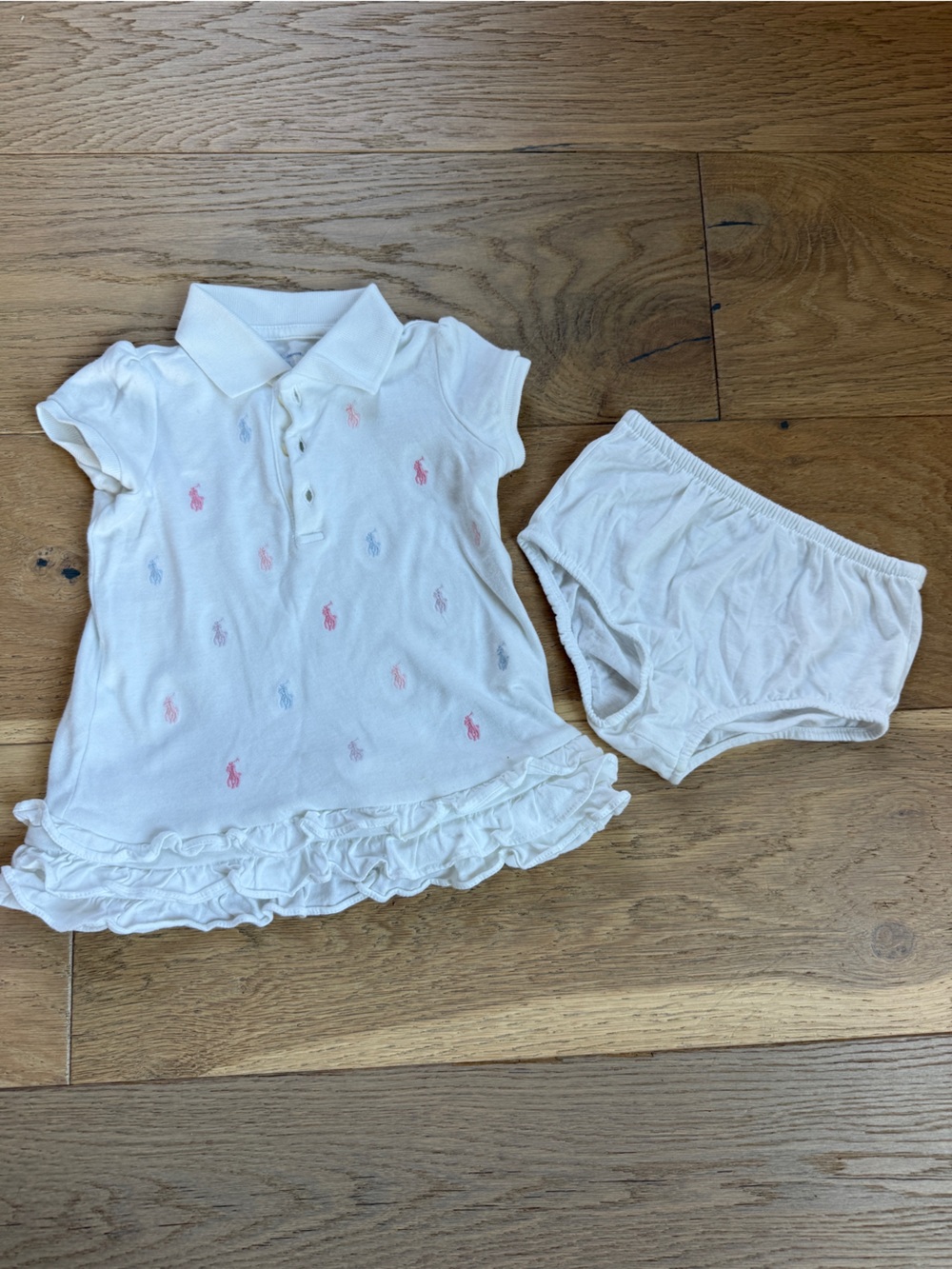 Ralph Lauren White Baby Ruffle Dress with Pink & Light Blue Pony Embroidery
